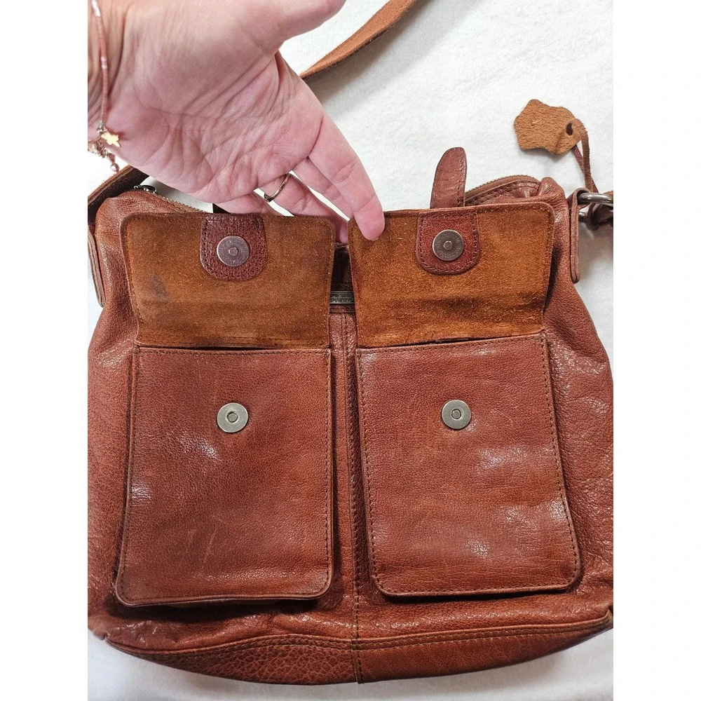 Spikes & Sparrow Cognac Brown Leather Crossbody Bag  Messenger Cargo Pockets